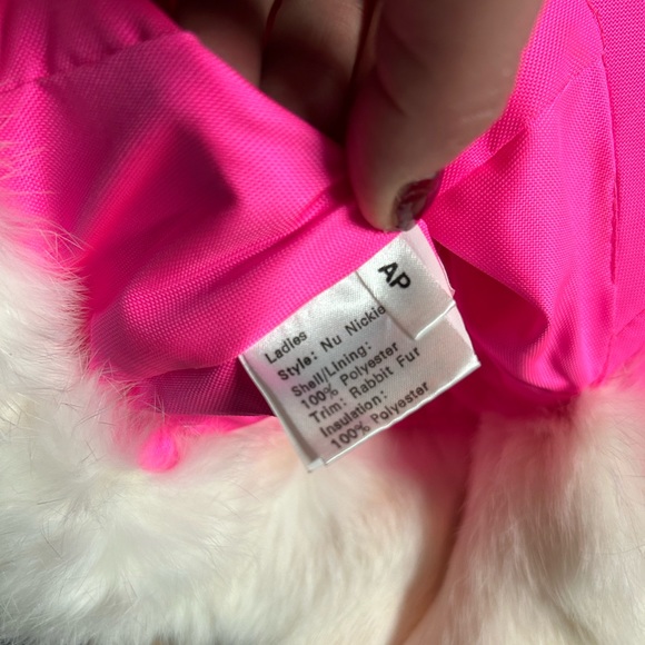 VINTAGE 80s 90s Pink Hat Gloves Set Ski Hot Pink Rabbit Fur Leather Aprés winter - Picture 9 of 9